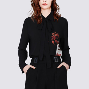 魅斑黑色气质衬衫2024秋季新款女装上衣修身显瘦蝴蝶结衬衣潮