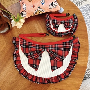 巧手于妈/原创设计 红格子大蝴蝶结宠物狗狗口水巾防水围兜萨摩耶