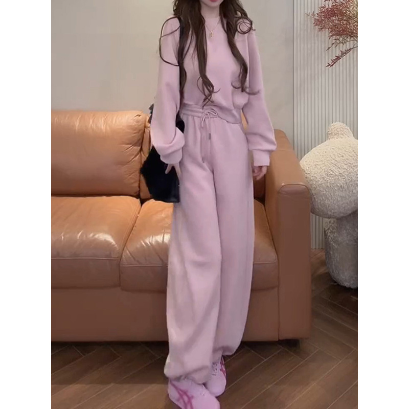 时尚潮流韩系休闲套装2025冬季新款气质减龄百搭纯色上衣+休闲裤