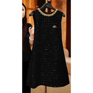 高贵气质贵夫人镶钻无袖 轻奢洋气显瘦遮肉裙子 背心裙2025秋冬新款