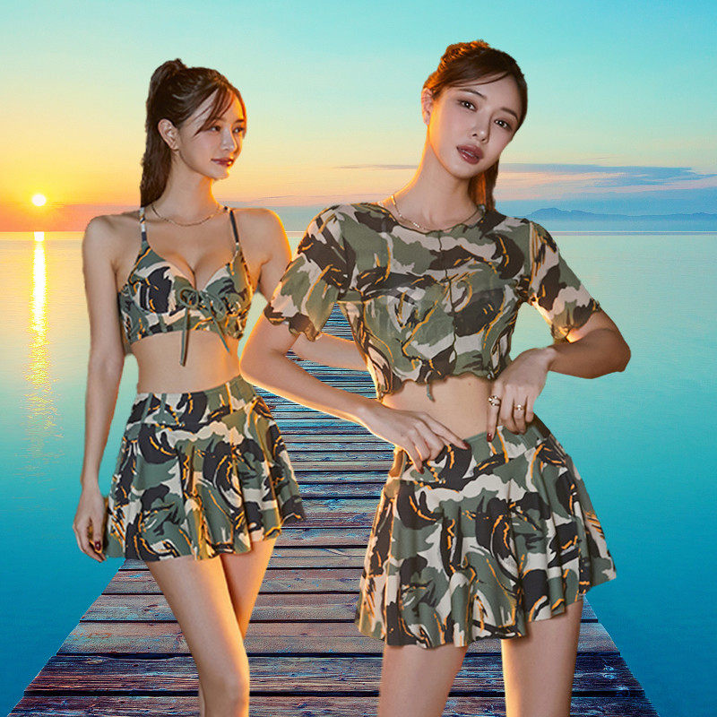 三奇分体泳衣女小胸钢托聚拢性感裙式比基尼三件套迷彩小清新泳装