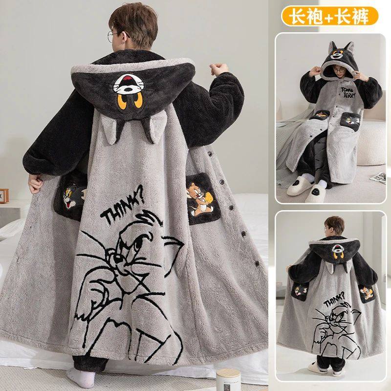 男士卡通睡袍睡衣秋冬季加绒加厚珊瑚绒法兰绒保暖居服套装青少年