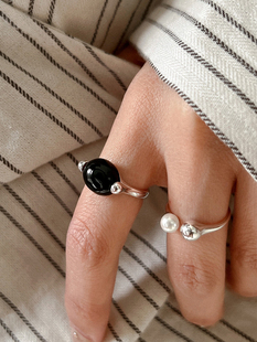 纯银戒指女小众设计高级感韩国进口复古天然石轻奢黑玛瑙开口戒指