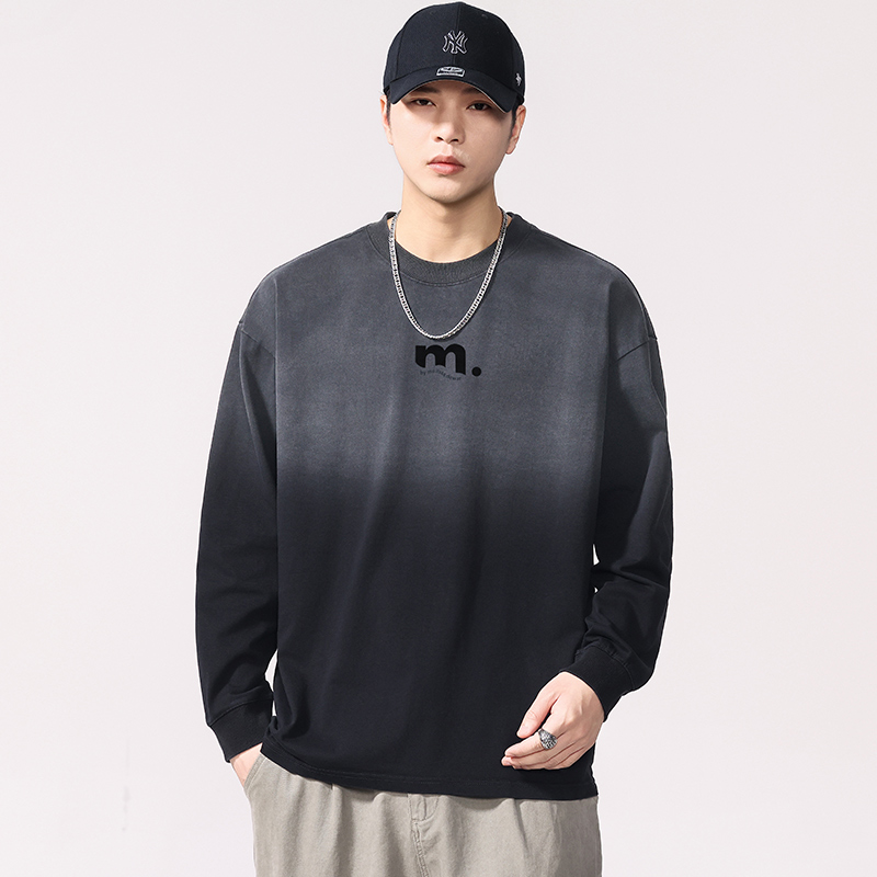 秋款美式休闲做旧复古渐变水洗长袖T恤男个性印花加肥加大码上衣