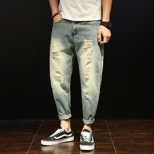 夏款超薄漏洞牛仔裤男薄款大码破洞九分裤加肥加大乞丐破烂裤子
