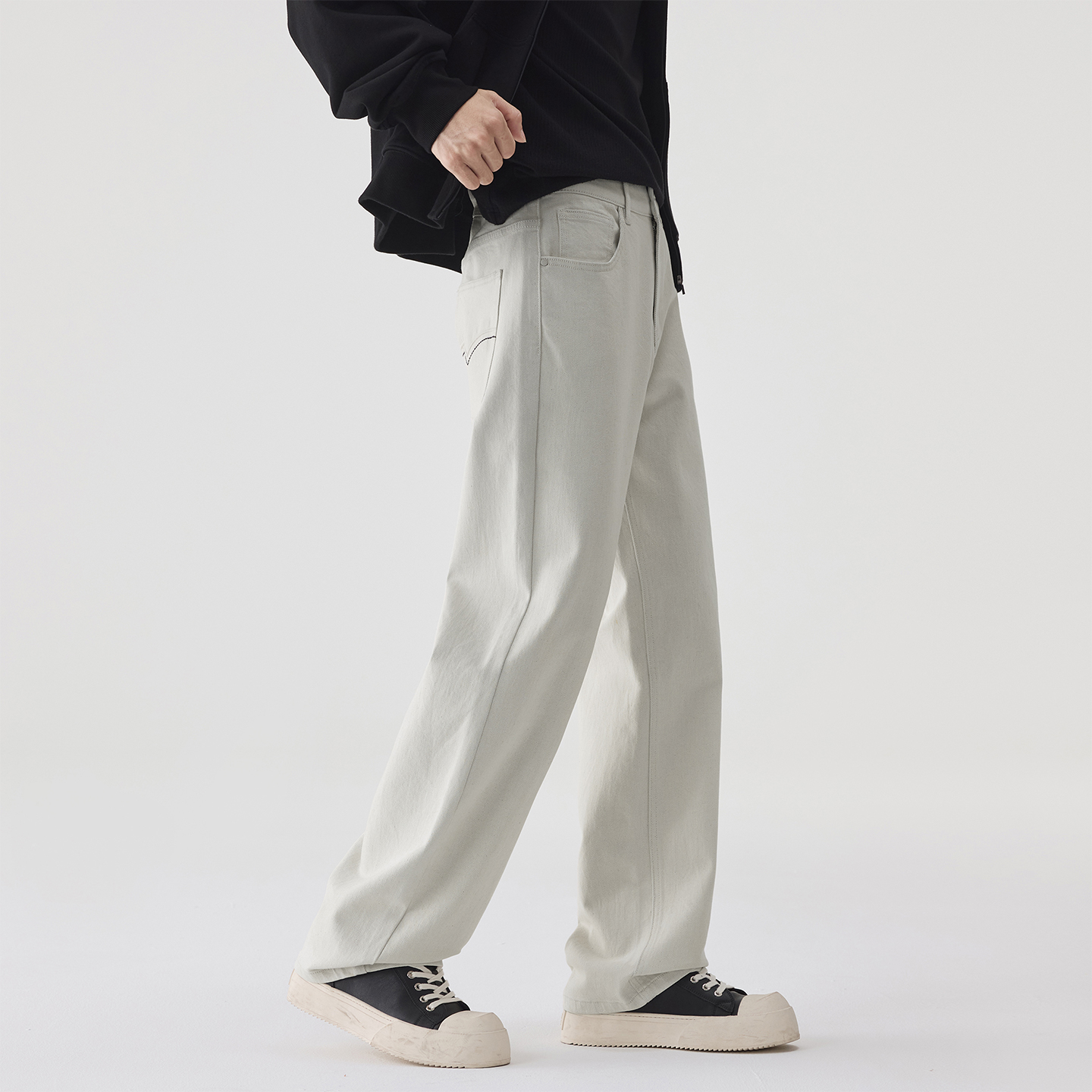 秋冬弹力米色直筒牛仔裤男青年简约时尚素色高级感休闲大码男裤