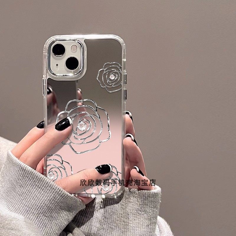 春天银色玫瑰镜面手机壳高级感xr简约iphone16promax小众xs个性13适用苹果78/14/15镜子11保护壳1
