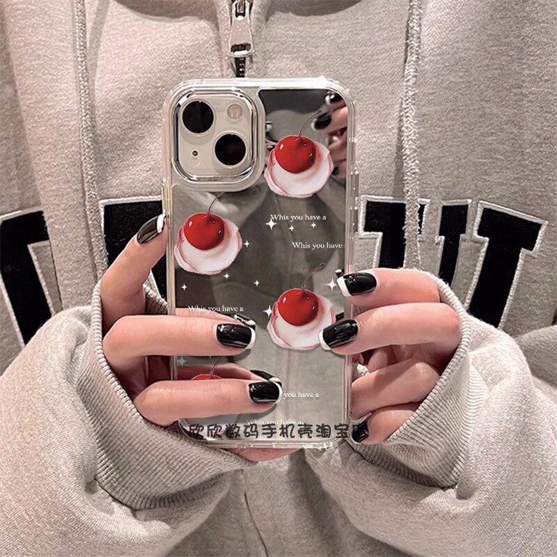 简约红色樱桃镜面手机壳高级感xr卡通iphone16promax小众xs个性13适用苹果78/14/15镜子11保护壳12手机套包邮