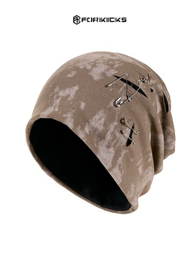 废土风扎染拼接保暖毛线帽冷帽子秋冬潮流百搭护耳防风帽子