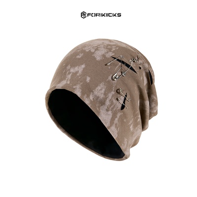 废土风扎染拼接保暖毛线帽冷帽子秋冬潮流百搭护耳防风帽子