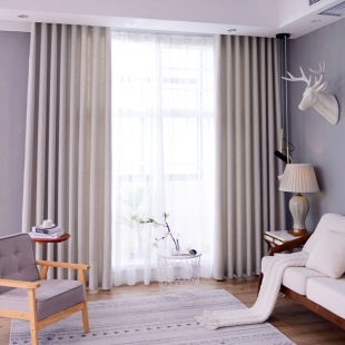 库存纯色卧室飘窗窗帘短帘拐角北欧简约地中海棉麻遮光免打孔安装