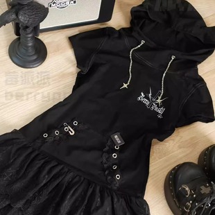 暗裔/夏t恤 连帽短袖修身上衣 亚文化 堆堆领裙摆