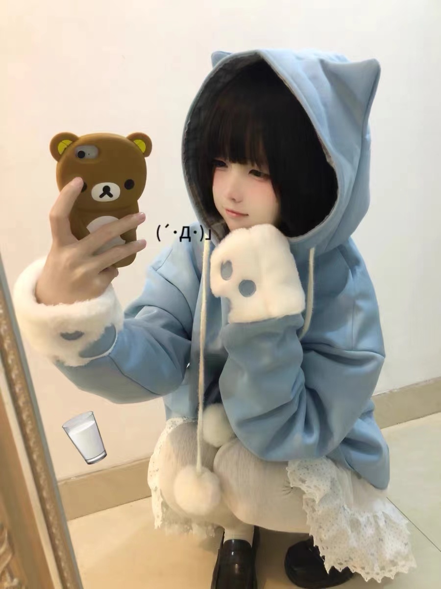 售罄 牛乳宅急便/加绒厚外套重工拼接刺绣格纹猫耳猫爪莓派派原创