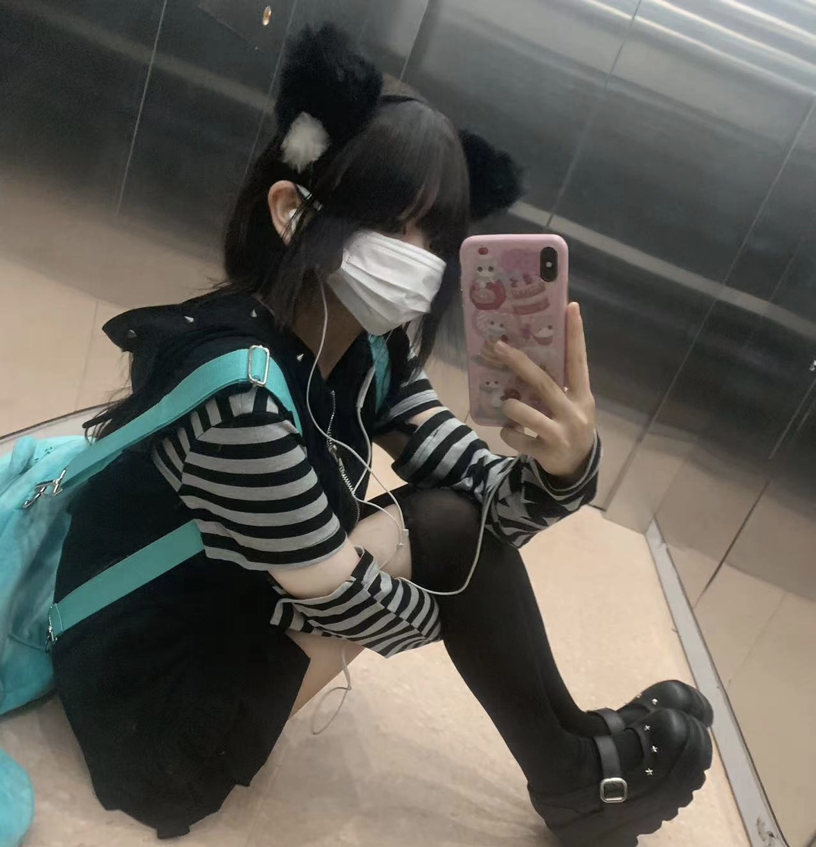 暗影黑猫 薄两件套 猫耳连帽 无袖外套拼接袖 莓派派原创