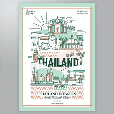 A3997矢量泰国旅行建筑大象扁平化手绘插画 AI设计素材