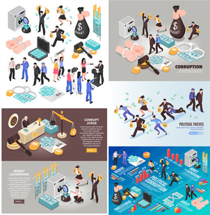 A4135矢量扁平化轴测图贪污腐败受贿法律审判信息图 AI设计素材