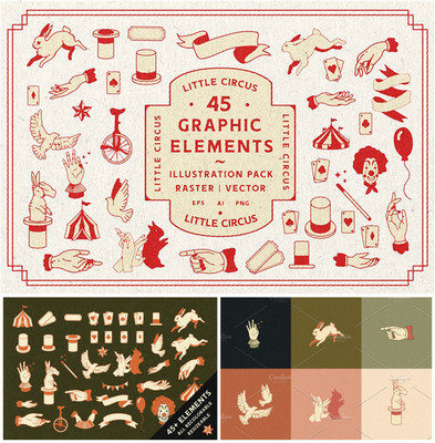 A4010矢量复古马戏团logo主题插画扑克魔术兔子 AI设计素材+png