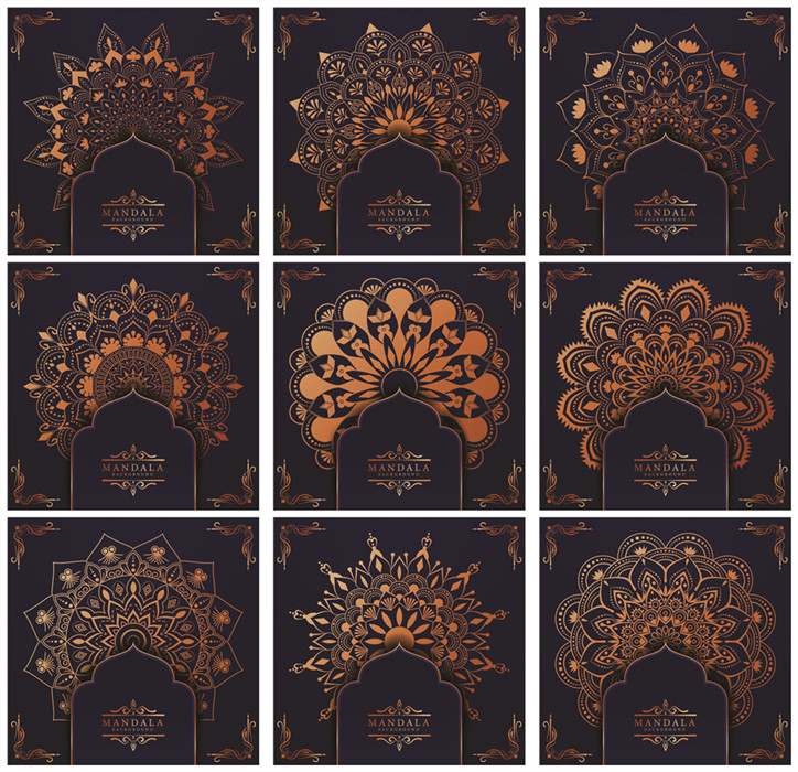 a4160矢量复古金色花纹曼陀罗线稿装饰纹样背景  ai设计素材