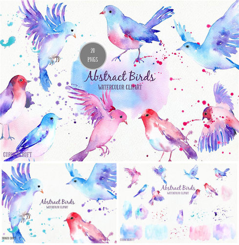 P0804高清PS设计素材 水彩手绘抽象背景飞鸟插画PNG免扣