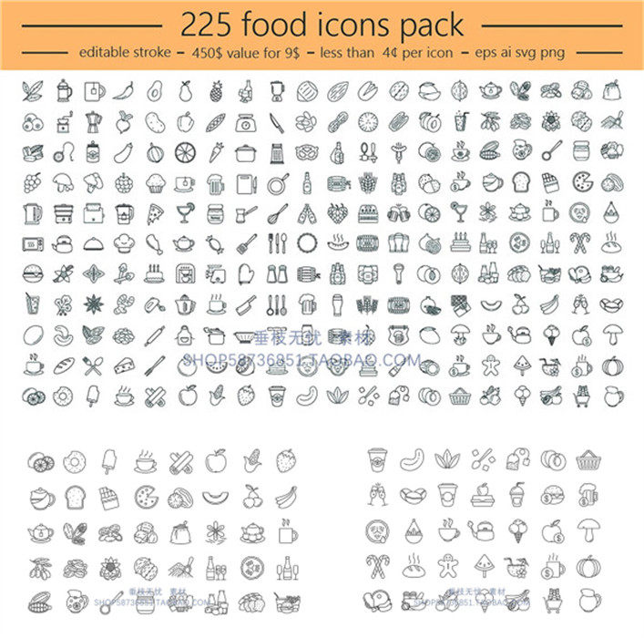 A3863矢量225 Food icons 扁平化食物UI图标 AI设计素材+svg