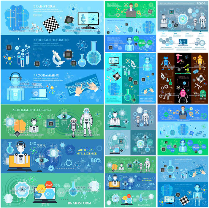A3674矢量扁平化科学化学机器人图标banner生物科技 AI设计素材