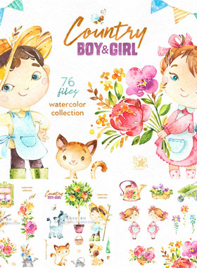 P0602高清PS设计素材 卡通水彩手绘劳动男孩女孩猫咪花朵插画png