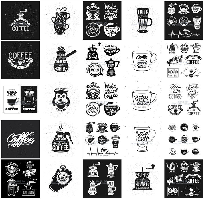 a2152矢量44张复古手绘咖啡店logo墙贴素材印花包装图 ai设计素材