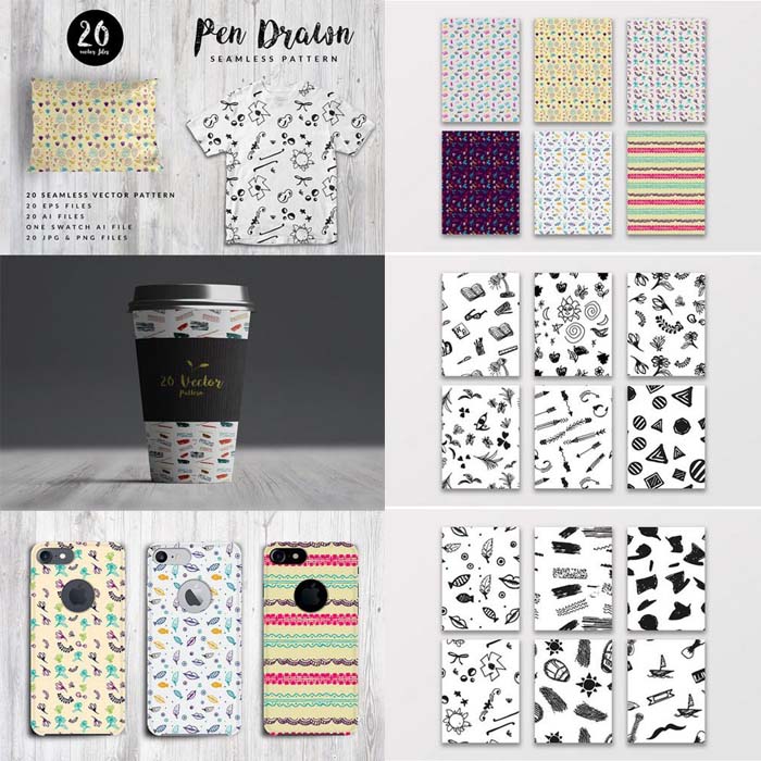 A0617矢量手绘几何四方连续印花包装纹理图 AI设计素材含色板插件