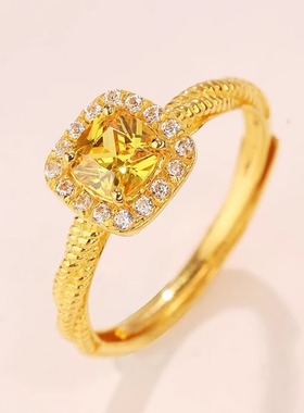 玖凤祥999足金包银 黄金钻石小方糖戒指黄钻镶嵌送女友七夕节礼物