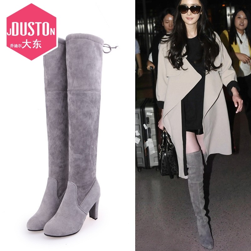 大东鞋女2022秋季新款长筒靴 欧美过膝靴尖头磨砂皮粗跟高跟靴 长