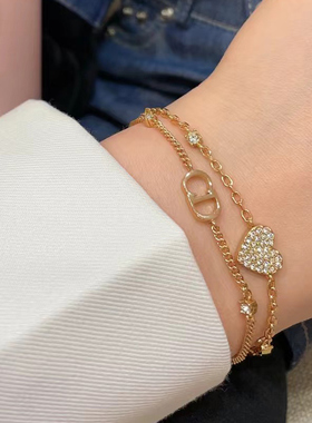 爱心满钻D家新款字母双层手链女精致轻奢小众高级感叠戴手环手饰