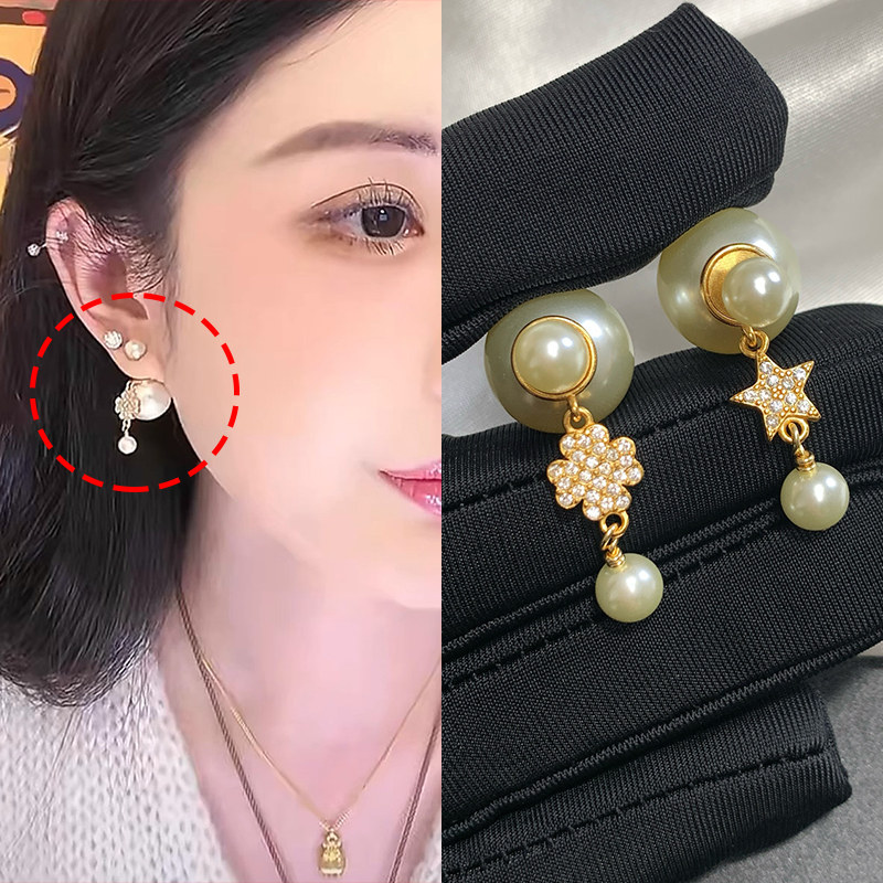 五角星四叶草不对称珍珠耳钉女韦雪同款D家新款耳环高级感耳饰