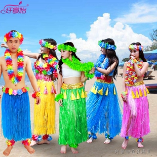 男女草裙舞COS表演出服装海草舞80CM双层加厚夏威夷草裙五件套装