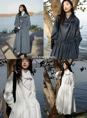 Herowrows25新品 可翻折荡领长袖连衣裙 日系松弛感不规则大摆裙