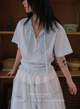 Herowrows25新品高支长绒棉V领飘带木耳荷叶设计宽松绑带荷叶衬衣