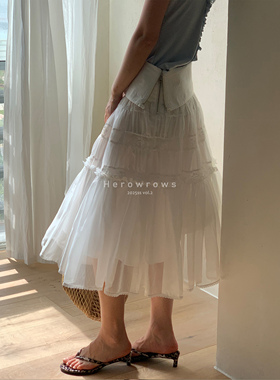 Herowrows 25ss 可翻折立体腰头层次感法蕾花边拼接蓬蓬纱裙