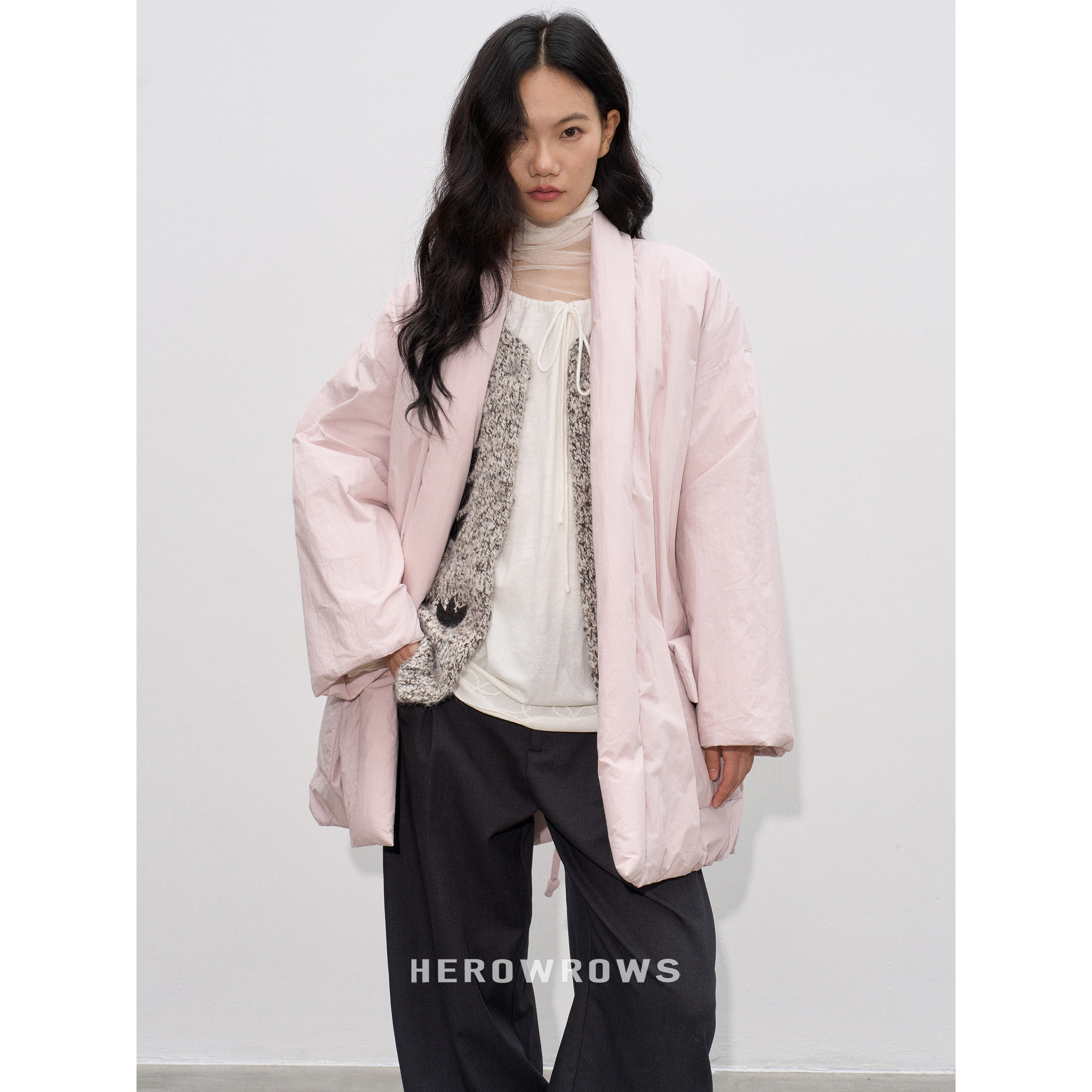 V领系绳双面穿宽松羽绒服外套