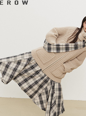 HEROW   全棉格纹磨毛不规则毛边长裙 百搭松紧打缆半身裙