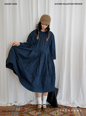 Herowrows 25新品 牛仔蓝重工水洗棉料日杂风长袖连衣裙 宽松长裙