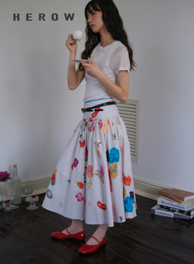 HEROW  新品撞色腰头度假感全棉A摆伞裙 印花半裙