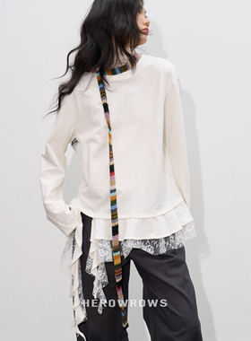 Herowrows 25AW 蕾丝拼接 不规则荷叶下摆 宽松圆领长袖白色T恤