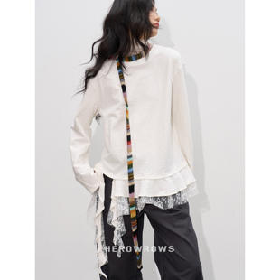 宽松圆领长袖 Herowrows 不规则荷叶下摆 蕾丝拼接 白色T恤 25AW