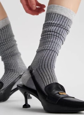 dearfish银渐层2025新款小腿袜棉袜女设计师款横条纹时尚走秀銀色