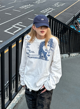 NNK美式复古人像白色长袖t恤男女新款宽松休闲圆领打底衫甜酷上衣