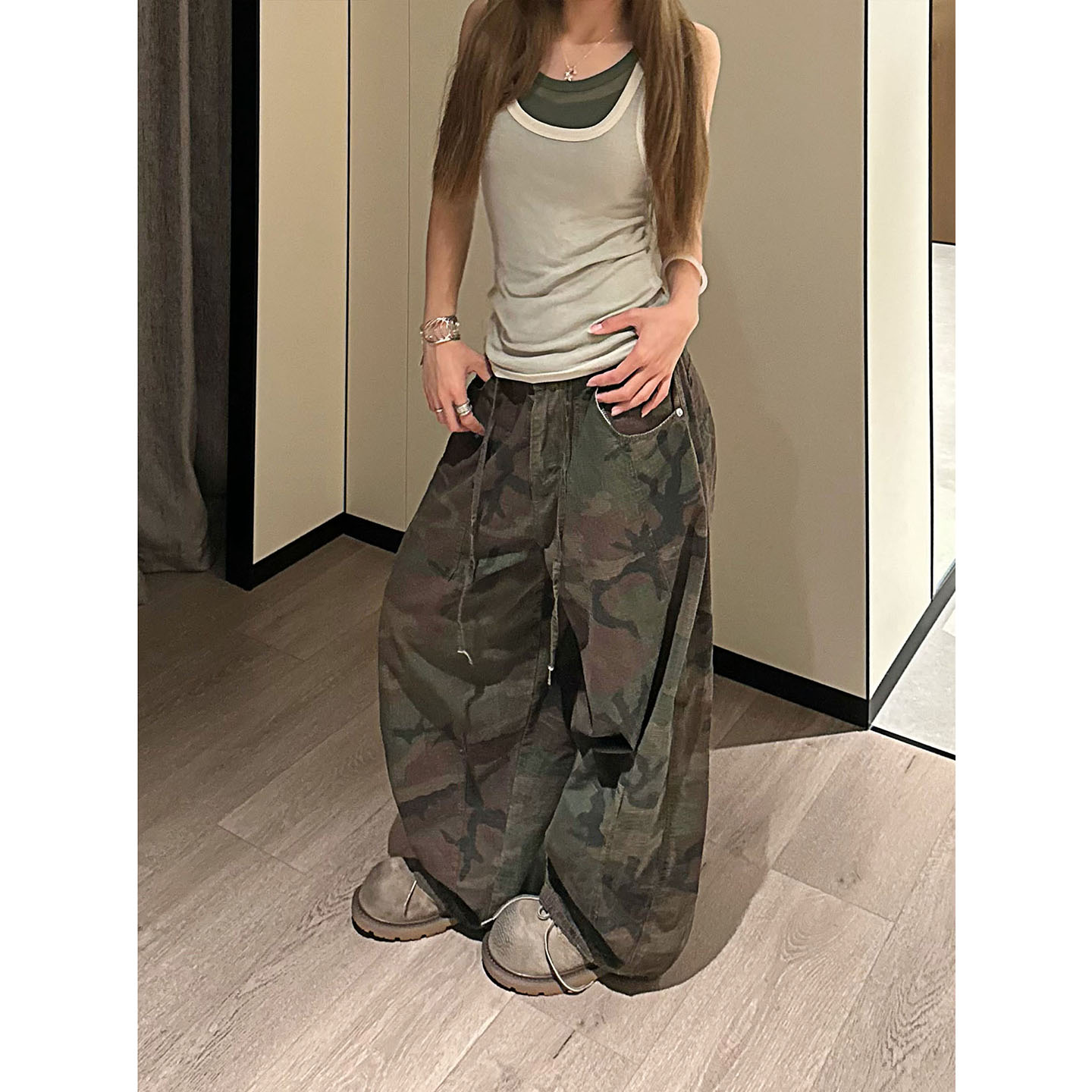 做旧迷彩宽松休闲抽绳阔腿裤男女