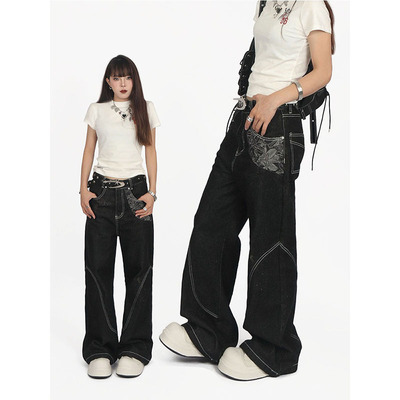 激光烧花提花拼接直筒牛仔裤男女