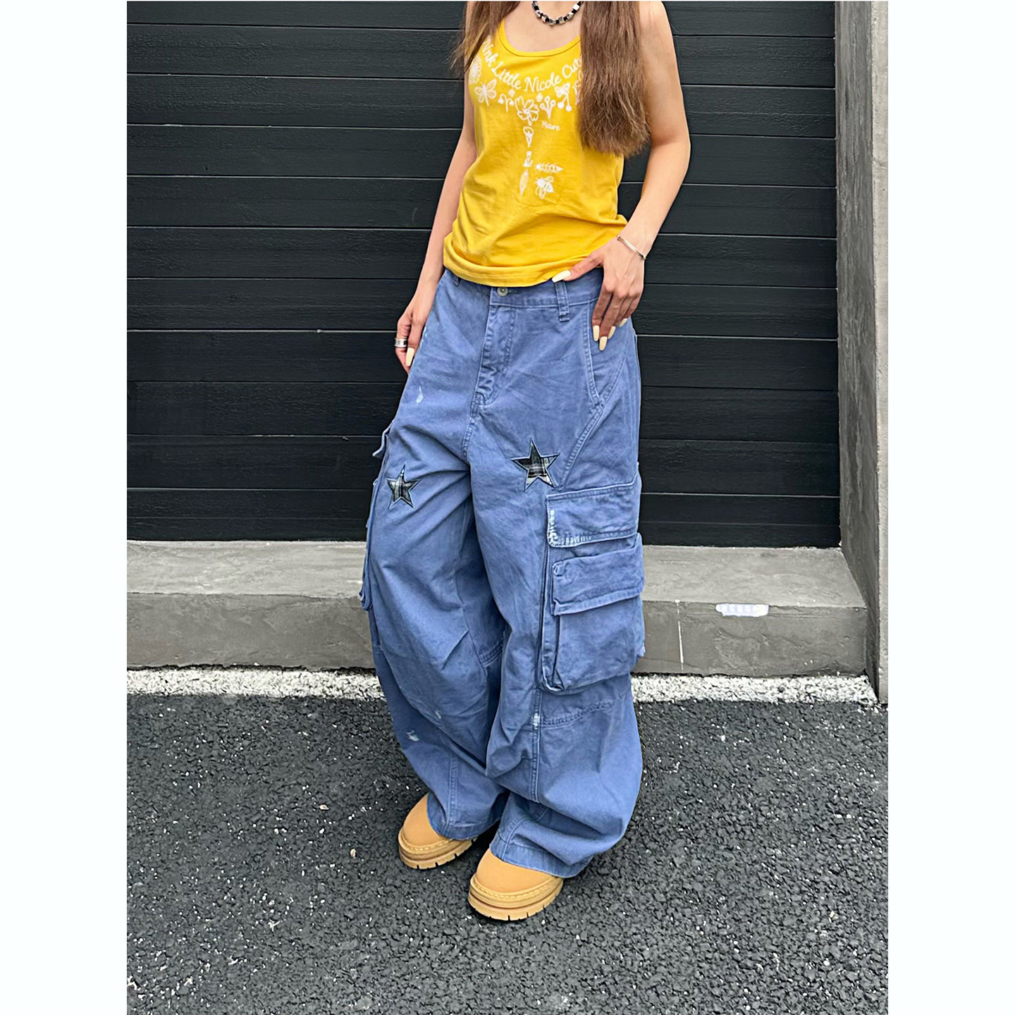 NNK美式做旧多口袋星星补丁阔腿工装裤男女复古褶皱拖地休闲裤子