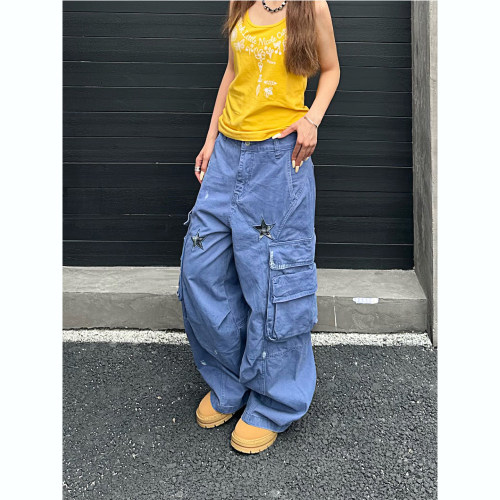做旧多口袋星星补丁阔腿工装裤女