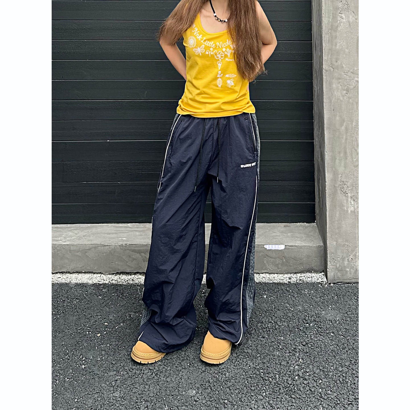 NNK美式街头侧边条纹伞兵运动裤女宽松抽绳百搭阔腿直筒休闲裤子