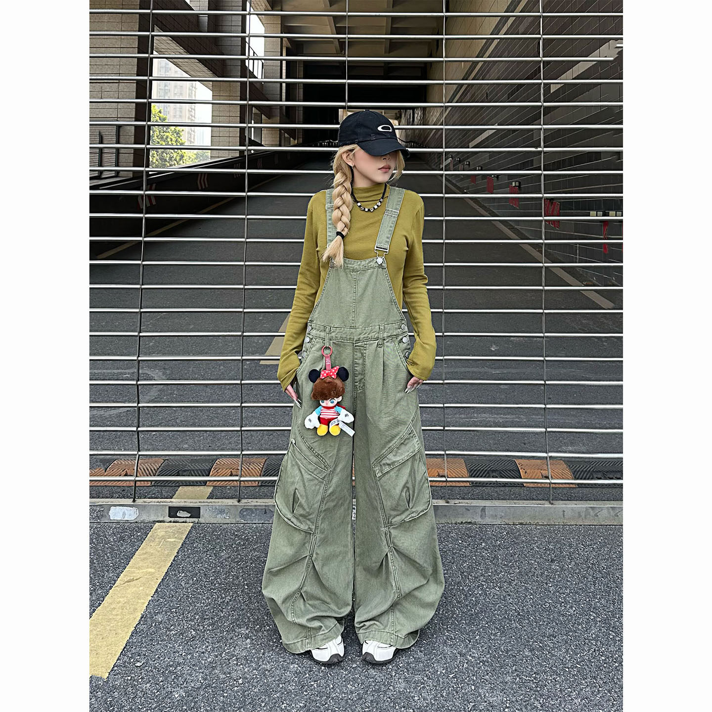 NNK 美式复古水洗多口袋工装背带裤女休闲阔腿街头设计感拖地长裤